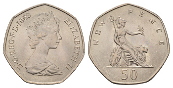 Великобритания 50 новых пенсов 1969 Елизавета II (1952-2022) KM 913, Spink 4223 (H1) медно-никель UNC 3855-1232