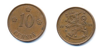 Финляндия 10 пенни 1936 республика (1918-1962) KM 24 медь 51-5534
