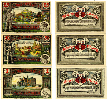 Германия, Мюнстермайфельд лот из 3 банкнот 1921 нотгельд, август 1921, (25, 50 пфеннигов, 1 марка), земля Рейнланд-Пфальц., с голубем, редкий типаж Grabowski 919.3 бумага 2193-5-1-1