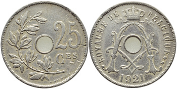 БЕЛЬГИЯ 25 САНТИМОВ 1921 BELGIQUE KM 68.1 медно-никель 86-1015