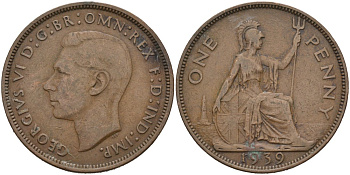 Великобритания 1 пенни 1939 Георг VI (1936-1952) KM 845, Spink 4114 бронза 4572-944