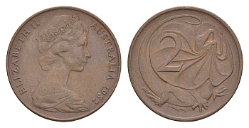 Австралия 2 цента 1982 Елизавета II (1952-2022), плащеносная ящерица KM 63 бронза 4655-1248