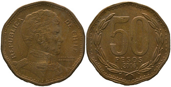 Чили 50 песо 2006 So KM 219.2, Schon 70 алюминиевая бронза 4544-415