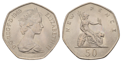 Великобритания 50 новых пенсов 1969 Елизавета II (1952-2022) KM 913, Spink 4223 (H1) медно-никель UNC 3855-1232