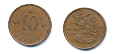 Финляндия 10 пенни 1936 республика (1918-1962) KM 24 медь 51-5534