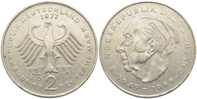 ФРГ 2 МАРКИ 1977 J, ТЕОДОР ХОЙС KM 127, J. 407 медно-никель плакированный никелем 3856-346