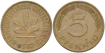 ФРГ 5 пфеннигов 1977 D KM 107, J. 382 сталь плакированная латунью 4514-917