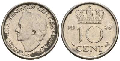 Нидерланды 10 центов 1948 Вильгельмина (1895-1948) KM 177 никель 220-533