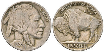 США 5 центов 1926 индеец, бизон KM 134 медно-никель 4614-1068