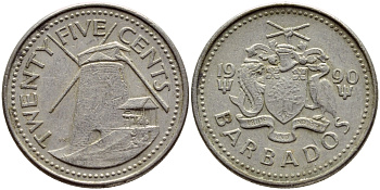 Барбадос 25 центов 1990 ветряная мельница Моргана Льюиса KM 13 медно-никель 4398-432
