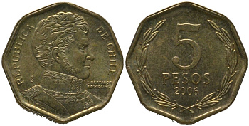 Чили 5 песо 2006 So KM 232, Schon 81 алюминиевая бронза aUNC 4387-1056
