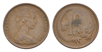 Австралия 1 цент 1968 Елизавета II (1952-2022), молодой портрет, опоссум KM 62 бронза 4585-215