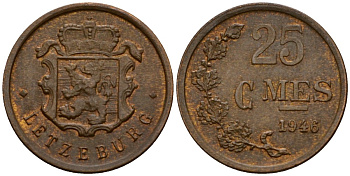 Люксембург 25 сантимов 1946 Шарлотта (1918-1964) KM 45 бронза 4532-227