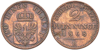 ПРУССИЯ 2 ПФЕННИГА 1868 В KM 481 медь 175-311