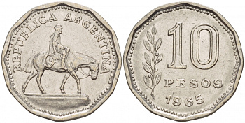 Аргентина 10 песо 1965 Гаучо KM 60 никелированная сталь 4548-333
