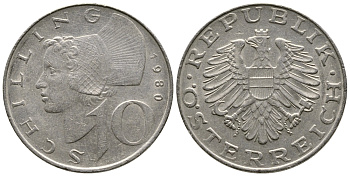 Австрия 10 шиллингов 1980 KM 2918 никель плакированный медно-никелем 4606-924