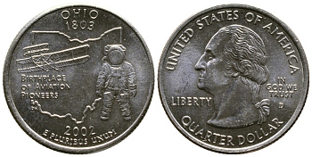 США 25 центов = квотер 2002 D, серия штаты США, Огайо KM 332 медь плакированная медно-никелем 56-417