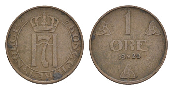 Норвегия 1 эре 1929 Хокон VII (1905-1957) KM 367 бронза 4632-1044