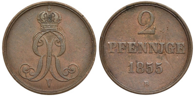 Брауншвейг-Каленберг-Ганновер 2 пфеннига 1855 B, Георг V (1851-1866) KM 217,aKS 152, J. 84 медь 4142-211