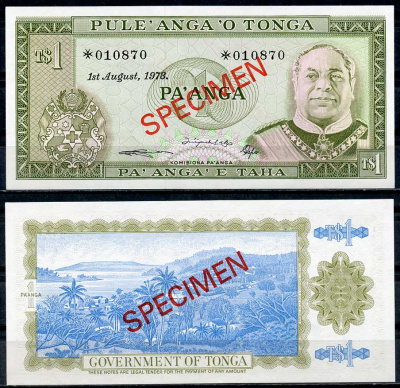 Тонга 1, 2, 5 и 10 паанга 1978 образец, Specimen, № 010870 Pick 19 s, 20 s, 21 s, 22 s  бумага  UNC (пресс) 451-4-2