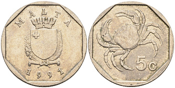 Мальта 5 центов 1991 краб KM 95 медно-никель 4564-713