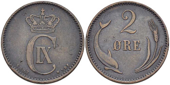 ДАНИЯ 2 ЭРЕ 1897 VBP, ДЕЛЬФИН, КРИСТИАН IX (1863-1906) KM 793.2 бронза 31-115