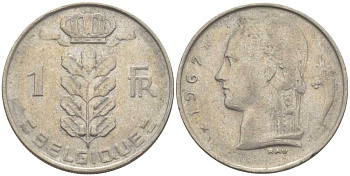 БЕЛЬГИЯ 1 ФРАНК 1967 BELGIQUE, БОДУЭН I (1951-1993) KM 142.1 медно-никель 119-456