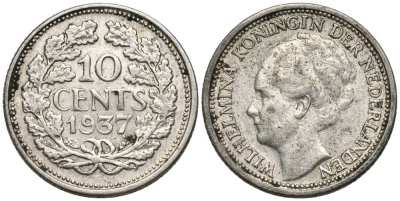 Нидерланды 10 центов 1937 Вильгельмина I (1890-1948) КМ 163 серебро 4549-1045