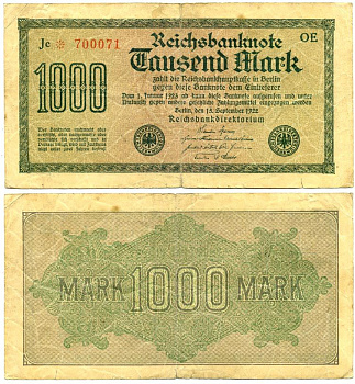 ГЕРМАНИЯ 1000 МАРОК 1922 15 СЕНТЯБРЯ 1922, ВОДЯНОЙ ЗНАК I, ЖЕЛТАЯ БУМАГА, СЕРИЯ OE Pick 76b, Rosenberg 75d бумага 7548-56-2