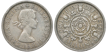 Великобритания 2 шиллинга (флорин) 1955 Елизавета II (1952-2022) KM 906, Spink 4146 медно-никель 51-2732