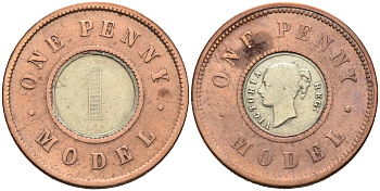 Великобритания 1 пенни ND (1844) модель монеты Виктории в 1 пенни, Джозеф Мур биметалл 1528-634