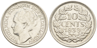 Нидерланды 10 центов 1939 Вильгельмина I (1890-1948) KM 163 серебро  4160-1243