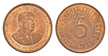 Маврикий 5 центов 2012 KM 52 сталь плакированная медью aUNC 4627-746