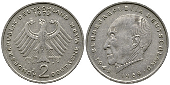 ФРГ 2 марки 1972 J, Конрад Аденауэр J 406, KM 124 медно-никель плакированный никелем 47-845