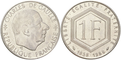 Франция 1 франк 1988 30 лет Пятой Республике, Шарль де Голль KM 963, Le Franc 227.2 никель 4159-954
