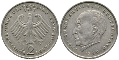 ФРГ 2 марки 1972 J, Конрад Аденауэр J 406, KM 124 медно-никель плакированный никелем 47-845