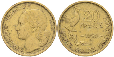 ФРАНЦИЯ 20 ФРАНКОВ 1950 В, 4 ПЕРА KM 917.2, LE FRANC 402.4 алюминиевая бронза 4556-154