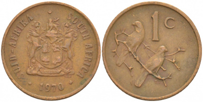 ЮАР 1 ЦЕНТ 1970 ГЕРБ, КАПСКИЕ ВОРОБЬИ KM 82 бронза 3309-612
