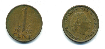 НИДЕРЛАНДЫ 1 ЦЕНТ 1967 ЮЛИАНА KM 180 бронза 45-1234