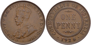 АВСТРАЛИЯ 1 ПЕННИ 1924 ГЕОРГ V KM 23 бронза 82-721