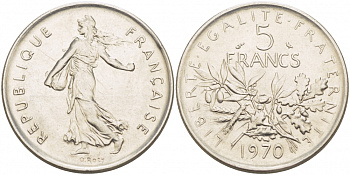 ФРАНЦИЯ 5 ФРАНКОВ 1970 СЕЯТЕЛЬ KM 926a.1, LE FRANC 341.2 медно-никель плакированный никелем 4403-1132