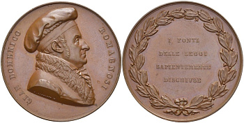 Италия медаль ND Джованни Доменико Романьози (1761-1835) итальянский философ, юрист, профессор гражданского права, медальер G. Galazzi, диаметр 43,5 мм бронза 00-822-67