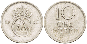 Швеция 10 эре 1970 U, Густав VI Адольф (1950-1973) KM 835 медно-никель 4181-1245