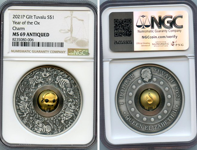 Тувалу 1 доллар 2021 год быка, вставка в виде быка, тираж 3000 экземпляров, в слабе NGC MS 69 ANTIQUED KM 204 серебро  UNC  3-4-3-05