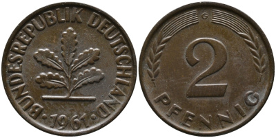ФРГ 2 пфеннига 1961 G KM 106, J.381 бронза 99-123