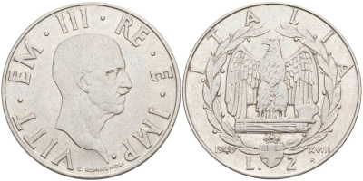ИТАЛИЯ 2 ЛИРЫ 1940 R, ГОД XVIII, ВИКТОР ЭММАНУИЛ III (1900-1946) KM 78а, VEM3. 1155 a) нержавеющая сталь 3855-315