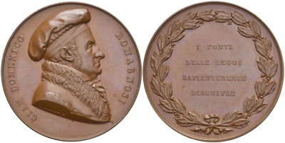 Италия медаль ND Джованни Доменико Романьози (1761-1835) итальянский философ, юрист, профессор гражданского права, медальер G. Galazzi, диаметр 43,5 мм бронза 00-822-67
