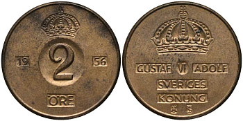 Швеция 2 эре 1956 TS, Густав VI Адольф (1950-1973) KM 821 бронза 202-634