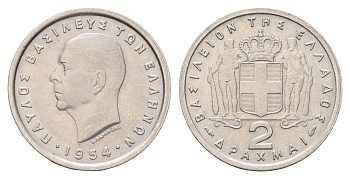 Греция 2 драхмы 1954 Павел I (1947-1964) KM 82 медно-никель 4670-135