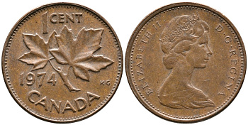 Канада 1 цент 1974 Елизавета II (1952-2022), кленовый лист KM 59.1 бронза 4528-738